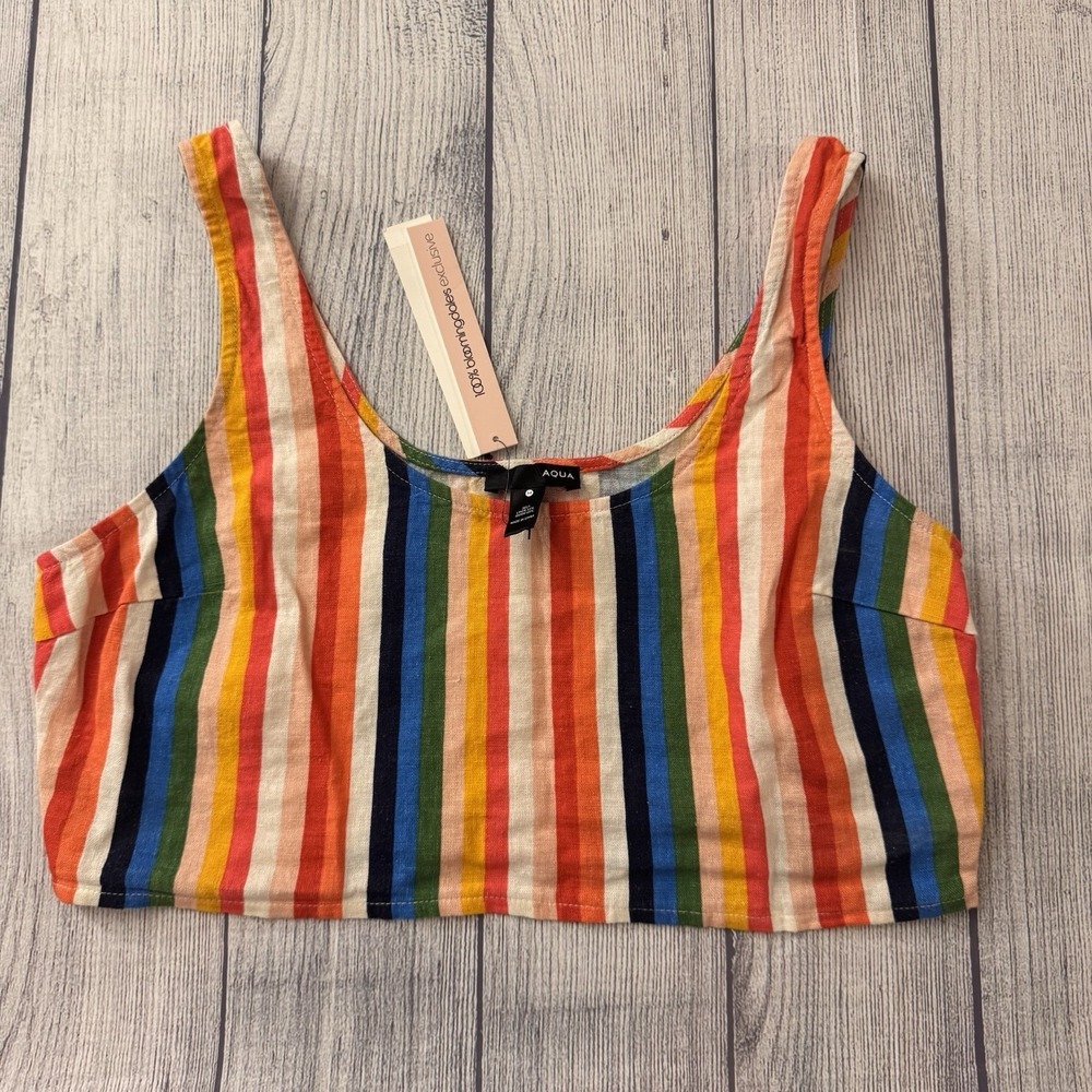 AQUA Women's‎ Multi Rainbow-stripe Cropped Linen Blend Tank Top Shirt Top Medium
